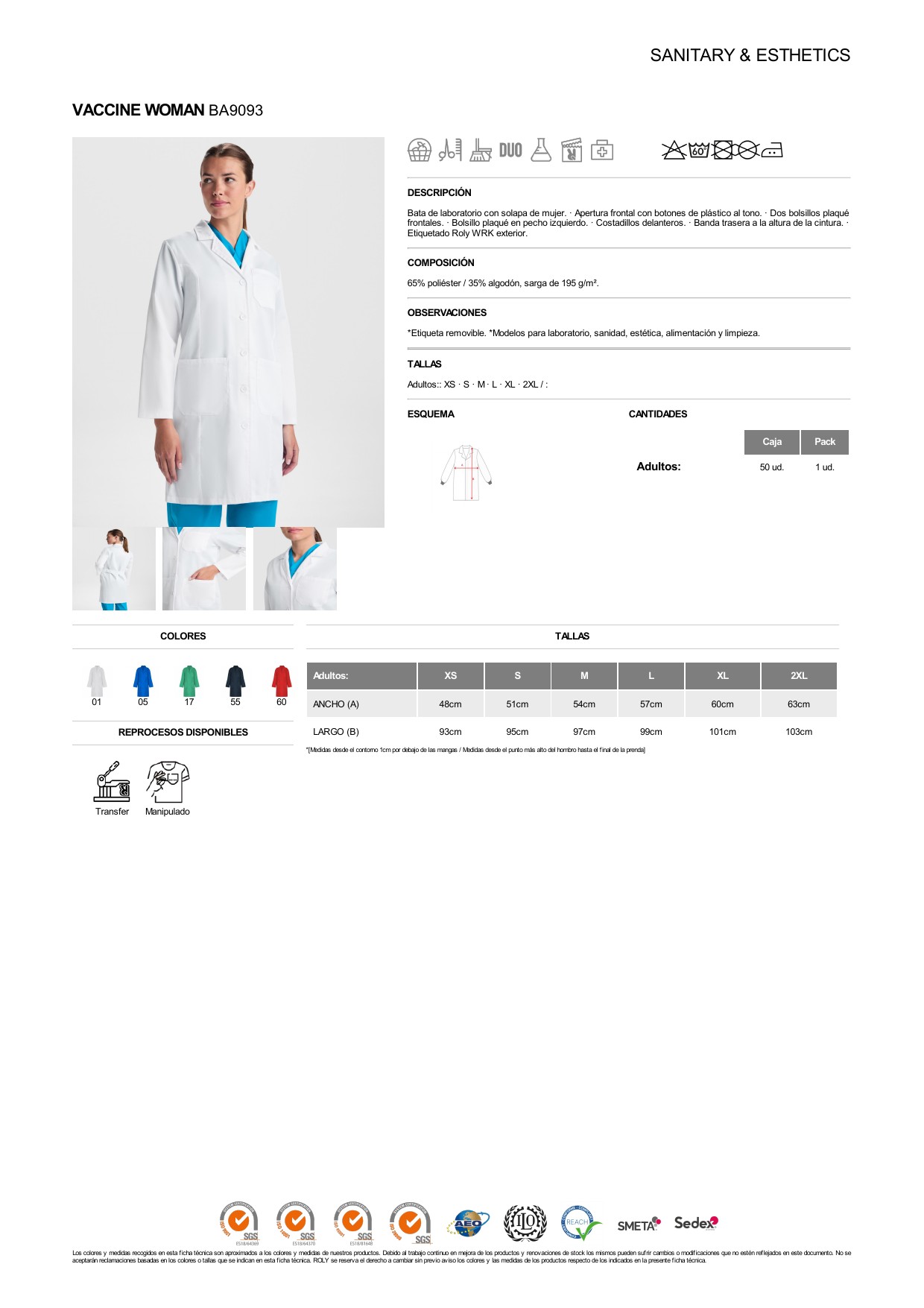 ficha-tecnica-BA9093-4 Bata Roly BA9093 VACCINE WOMAN laboratorio mujer manga larga sarga - Imagen 1