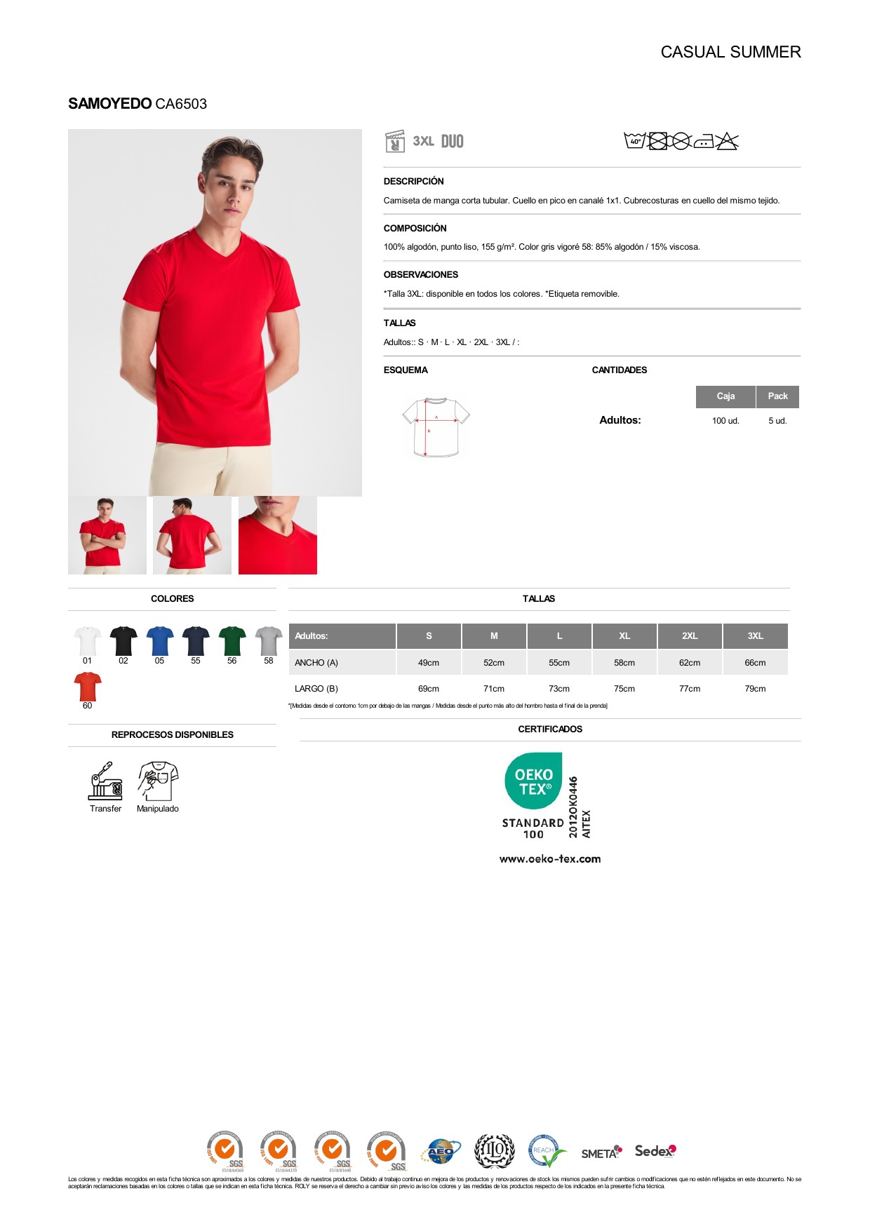 ficha-tecnica-CA6503-1 Camiseta Roly CA6503 SAMOYEDO manga corta cuello pico algodón - Imagen 1