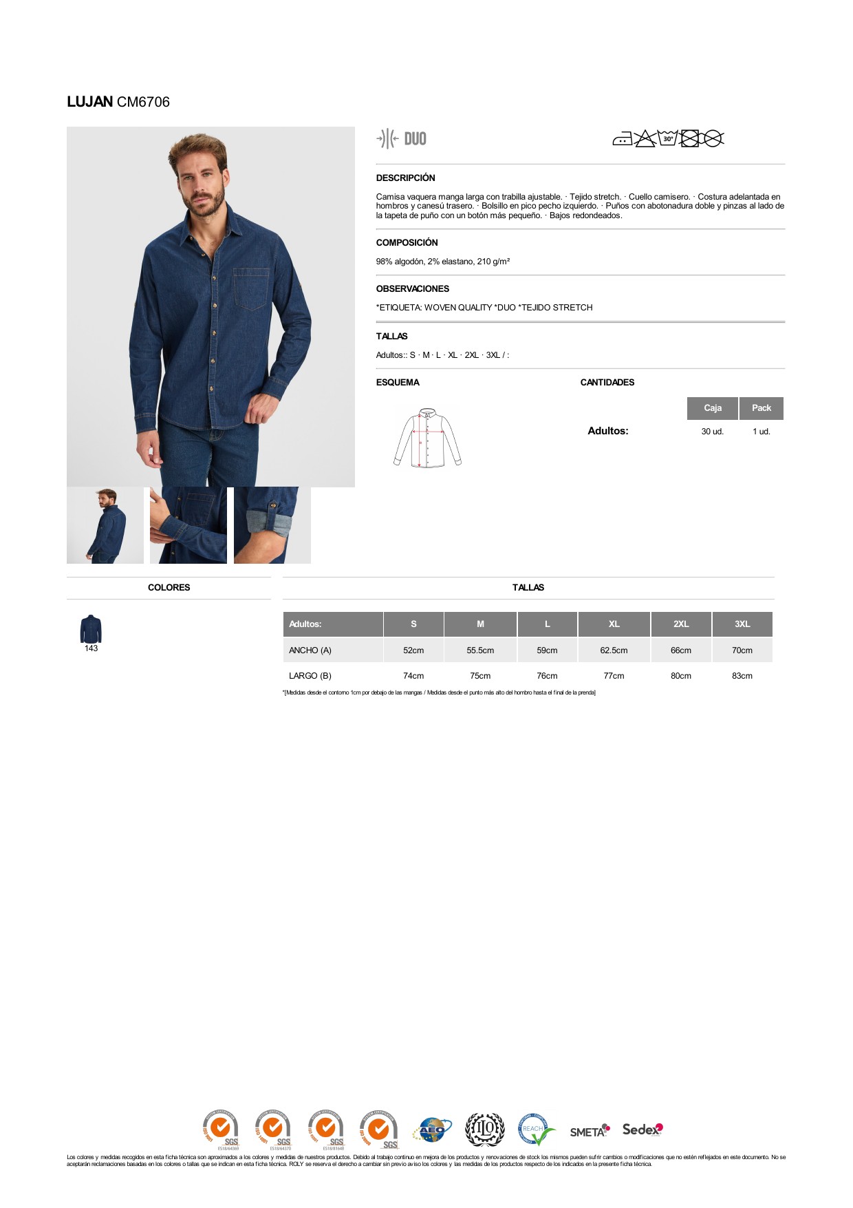 ficha-tecnica-CM6706 Camisa Roly CM6706 LUJAN vaquera manga larga hombre HORECA stretch - Imagen 1