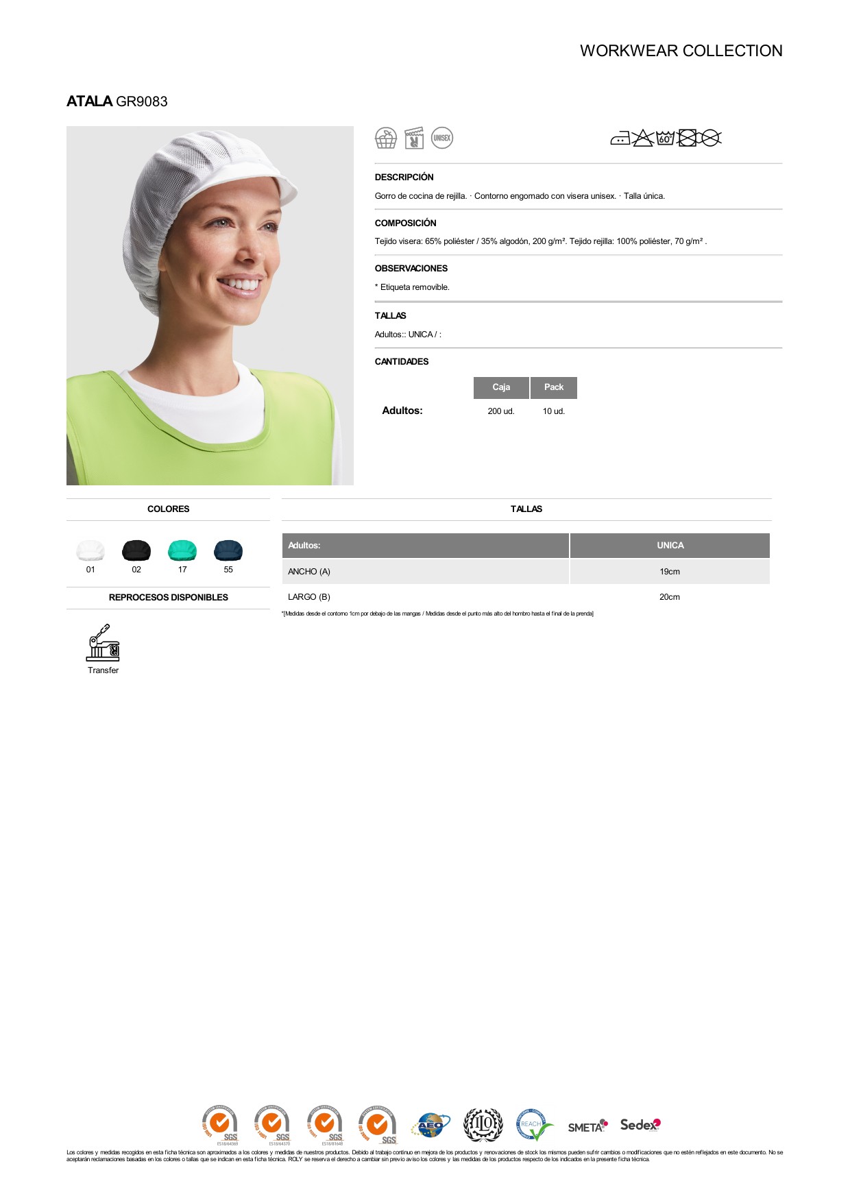 ficha-tecnica-GR9083 Gorro Roly GR9083 ATALA cocina rejilla visera talla única industria alimentaria - Imagen 1