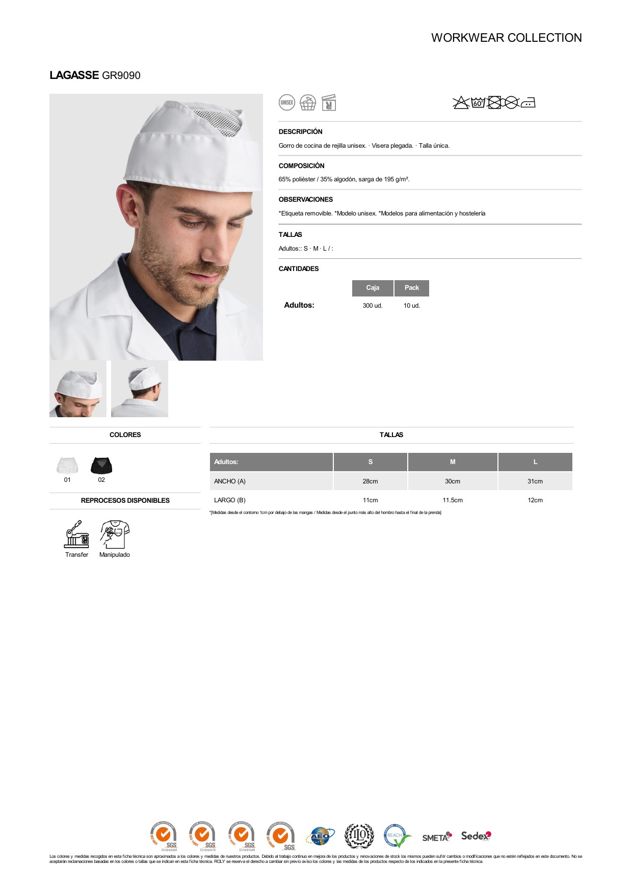 ficha-tecnica-GR9090 Gorro Roly GR9090 LAGASSE cocina rejilla visera plegada unisex industria alimentaria - Imagen 1