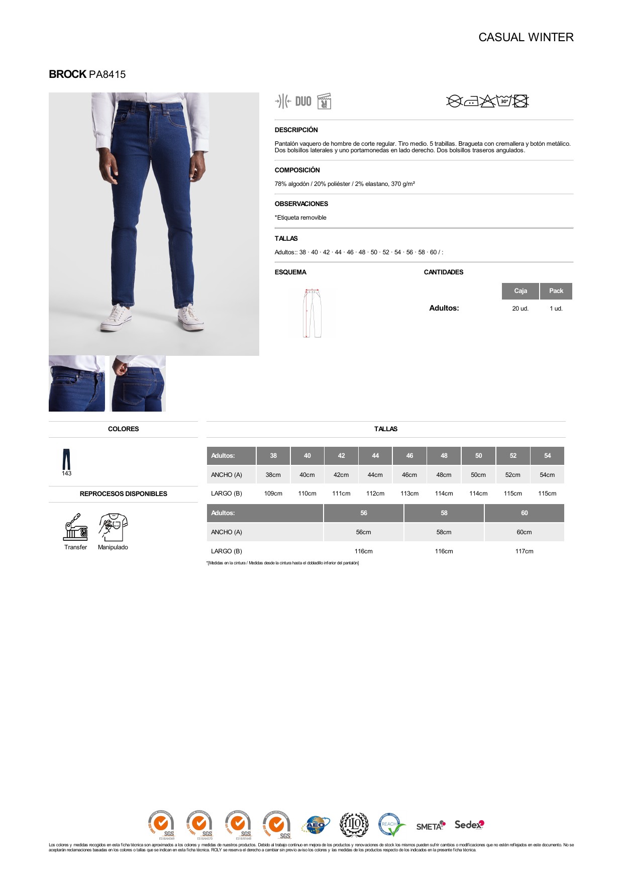 ficha-tecnica-PA8415 Pantalón Roly PA8415 BROCK vaquero hombre hostelería HORECA - Imagen 1