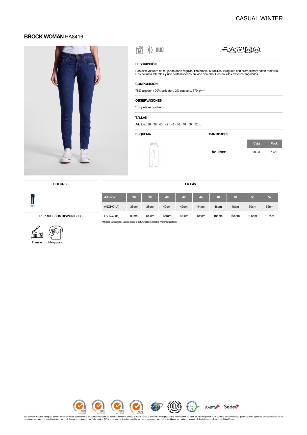 ficha-tecnica-PA8416 Pantalón Roly PA8416 BROCK WOMAN vaquero mujer hostelería HORECA - Imagen 1