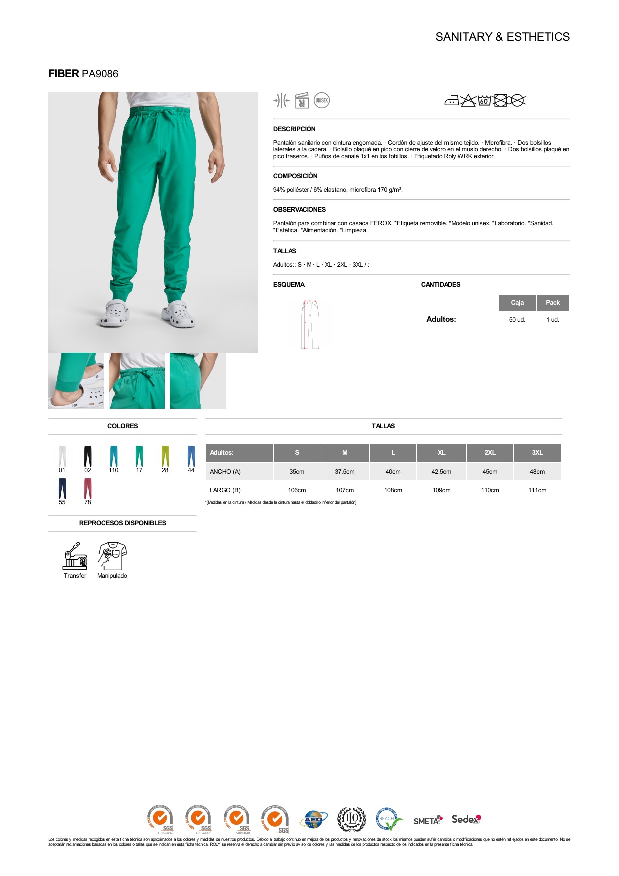 ficha-tecnica-PA9086 Pantalón Roly PA9086 FIBER sanitario microfibra unisex sanidad estética - Imagen 1