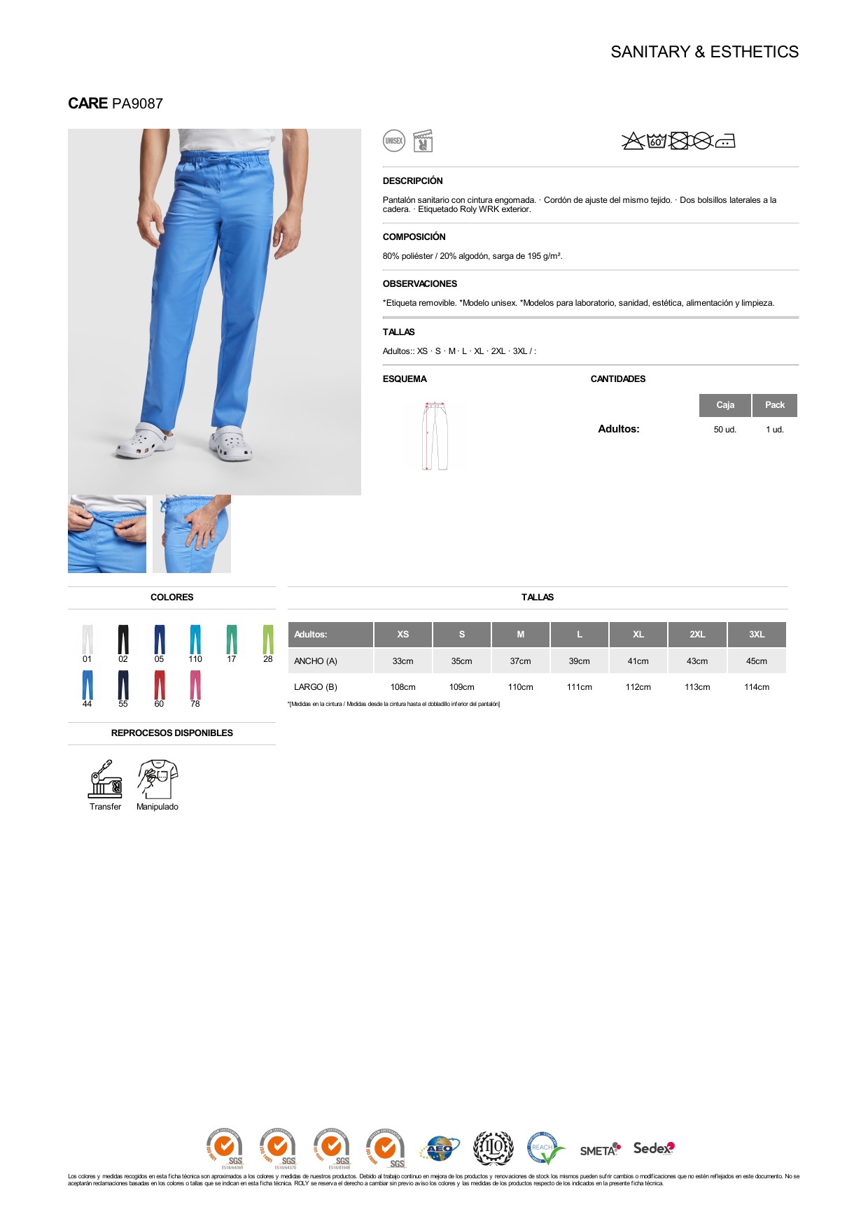 ficha-tecnica-PA9087 Pantalón Roly PA9087 CARE sanitario unisex sarga sanidad estética - Imagen 1