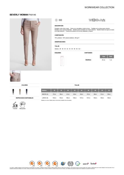 Pantalón Roly PA9146 BEVERLY WOMAN chino mujer hostelería HORECA stretch
