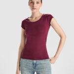 Camiseta CA6647 GUADALUPE manga corta mujer algodón escote redondo color - Rojo Ciruela